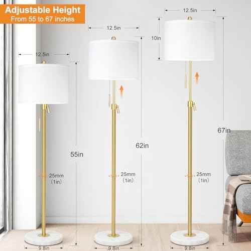 ¡¼Upgrade¡½ Gold Floor Lamps for Living Room, 55"-67" Height Adjustable Modern Standing Lamp with Marble Base, Pull Chain Switch, 3-Way Dimmable Tall Pole Lamp for Bedroom Office Reading, Bulb Included