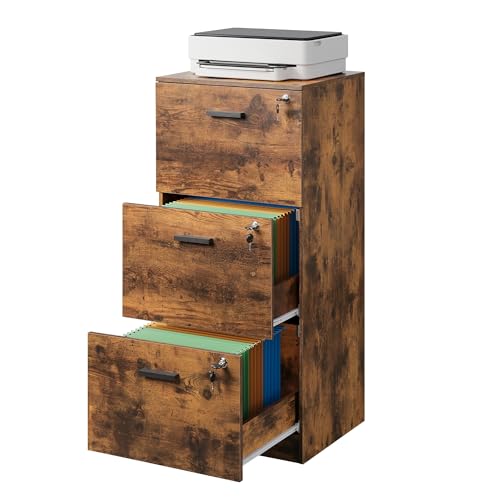 DevaiSe Rustic Brown 3-Drawer Wood File Cabinet – Vertical Holder for Letter & A4, Fits Home Office