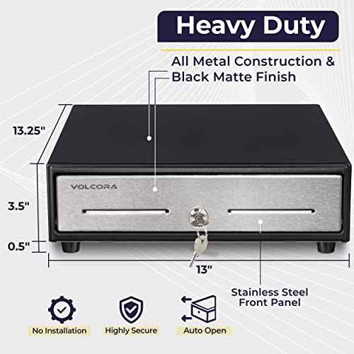 Volcora 13" Cash Register Drawer for Point of Sale (POS) System - Black with Stainless Steel Front - Fully Removable 2 Tier Cash Tray, 4 Bill/5 Coin, 24V, RJ11/RJ12 Key-Lock, Double Media Slot
