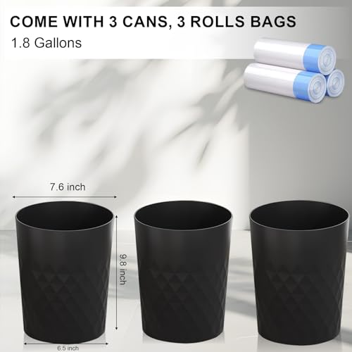1.8 Gallon Small Bathroom Trash Can 3 Pack with Trash Bags - Black