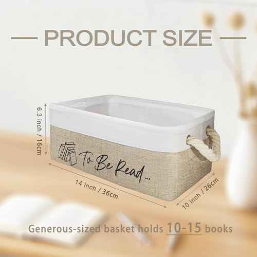 Book Lovers Gifts TBR Book Storage Basket with Back Side Pocket to Be Read List Storage Bin Reading Accessories for Club Members & Librarians Bookish Gifts (White and Brown)