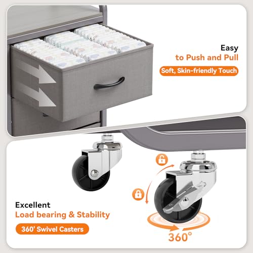 KINGRACK 3-Tier Baby Diaper Caddy Organizer with Metal Rolling Cart and Cloth Drawers