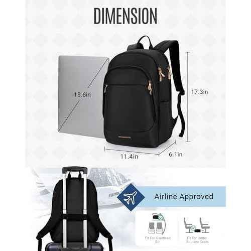 LIGHT FLIGHT Travel Backpack for Women, 15.6 Inch Laptop Backpack with USB Charging Hole, Water Resistant College Bookbag, Large Capacity Black Computer Backpacks for Work, Black