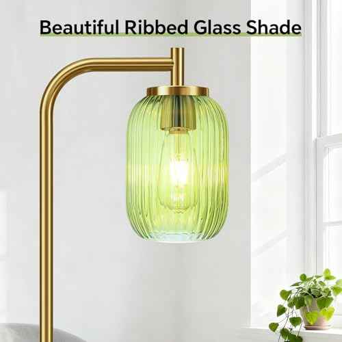 Glass Floor Lamp for Living Room, Bedroom, Modern Green Ribbed Glass Standing Lamp with Pedal Switch, 67'' Tall, Brushed Gold