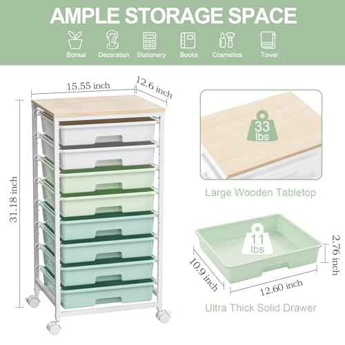 Rolling Storage Utility Cart Organizers with 8 Drawers and Wooden Tabletop for Living Room,Office,Classroom,Craft Room,Bedroom,Dorm,Green