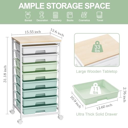 SYKIARIOL Green Rolling Cart with 8 Drawers, Craft & Storage Organizer