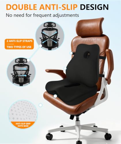 JIPORIER Black Lumbar Support Pillow & Memory Foam Seat Cushion for Office Chair