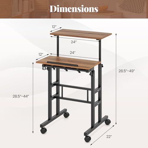 Giantex Mobile Standing Desk, Portable Stand Up Desk Adjustable Height with Wheels, Tilting Tabletop & Hanging Hooks, Home Office Computer Workstation