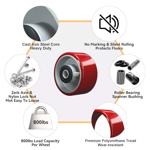 4 inch Caster Wheels Heavy Duty, Polyurethane on Steel Wheel, 1/2" Bore - Set of 4 Replacement Caster Wheel with 3200 lbs Capacity (4 PACK)