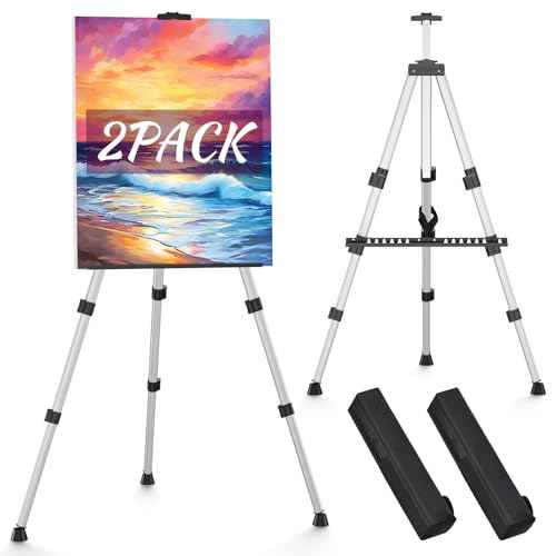 Portable Art Painting Easel Stands - Adjustable Display Artist Tripod Metal Easels with Bags for Table-Top/Floor Painting, Height from 17 to 66 inches, Sturdy for Drawing, Displaying - Silver