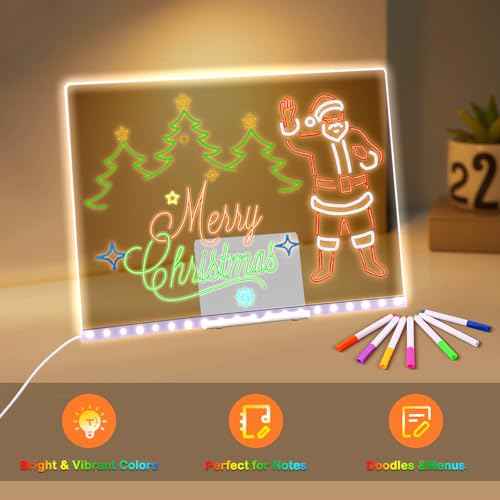 Led Note Board with 7 Color Markers, 13.7"X10" Acrylic Dry Erase Led Drawing Board with Stand Gifts for Halloween, Christmas, New Year, Birthdays, Weddings
