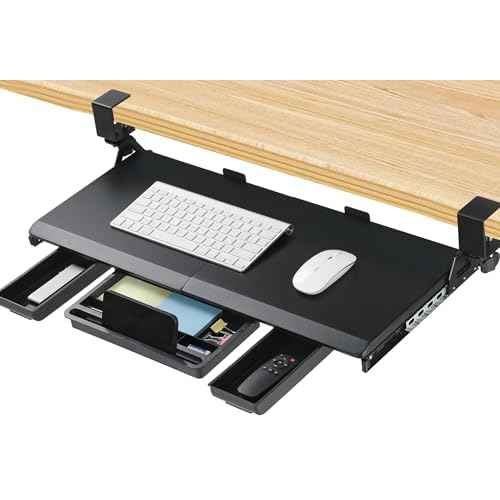 ETHU Keyboard Tray Under Desk, Pull Out Keyboard & Mouse Tray with C-clamp, Ergonomic Desk Keyboard Tray Slide Out, Pull Out Platform Drawer for Home and Office£¨Black£©