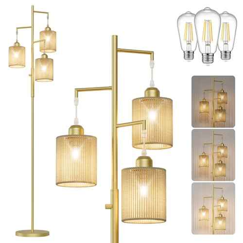 Hotsonic 72" Tall Boho Floor Lamp, Dimmable Standing Lamp with Handcrafted Rattan Beige Shade, Industrial Tree Floor Lamps for Living Room, Bedroom, Study Room, Office(3x800LM LED Bulbs Included)-Gold