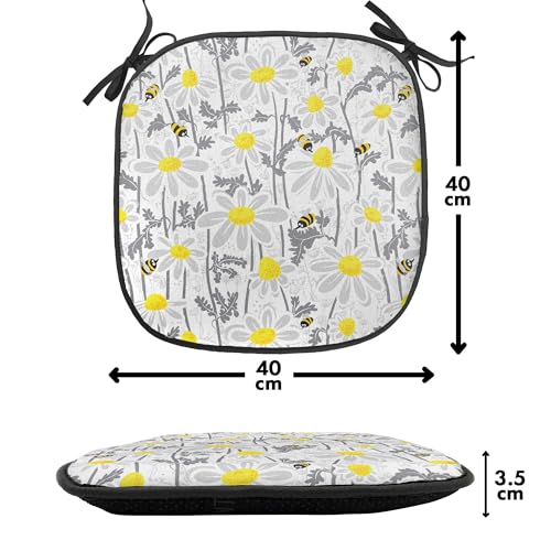 Ambesonne Yellow Chair Seating Cushion Set of 4, Pattern with Bees and Chamomile Daisy Flowers in Flourishing Meadow Nature, Anti-Slip Seat Padding for Kitchen & Patio, 16"x16", Grey Yellow White