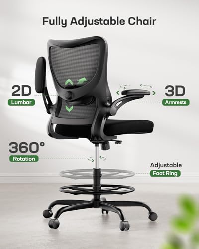 Marsail Drafting Chair Dark – Tall Office Chair with 2D Lumbar, 30.7" Seat Ht, Flip-Up Armrests & Foot Ring