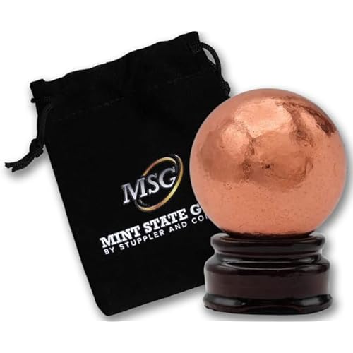 Copper Ball Paperweight with Wooden Base | 2" (50.8 mm - 1.29 lb) 99.9% Pure Solid Sphere with Certificate of Authenticity by Mint State Gold