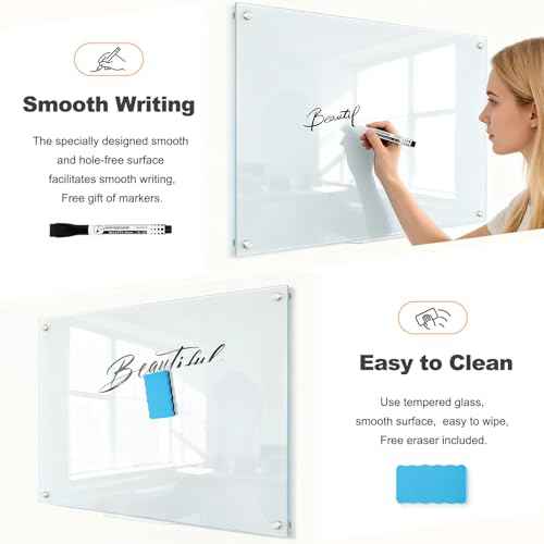 Glass Magnetic Dry Erase Board, 24" x 18" £¨2'x1.5'£© Tempered Glass Whiteboard Wall Mounted Small White Board for Home, Office, School
