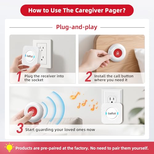 CallToU Caregiver Pager Wireless Call Button Nurse Alert System 500+ Feet for Home/Elderly/Patient/Disabled 1 Plugin Receiver 1 Waterproof Transmitter