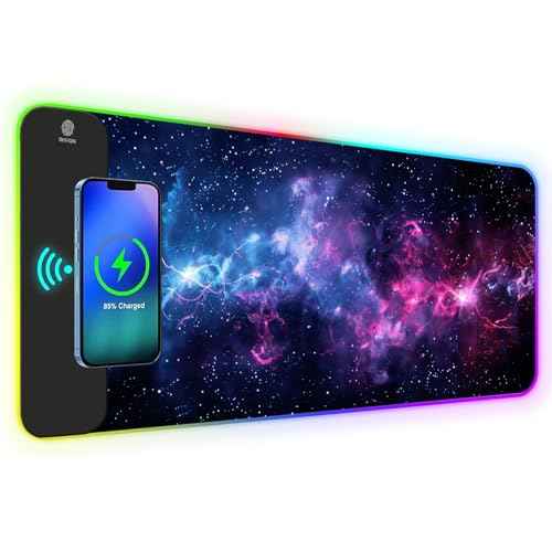 AIMSA RGB Gaming Mouse Pad with Wireless Charging, Large Keyboard Mouse Pad with 14 LED Light Modes, Non-Slip Rubber Base Waterproof Desk Pad for Home Office Decor, Blue Purple Cosmic Nebula