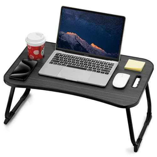 Laptop Bed Desk, Foldable Lap Desk, Portable Lap Table, Laptop Stand with Cup Holder & Tablet Slot & Lifting Handle for Working Writing Drawing & Eating - Black