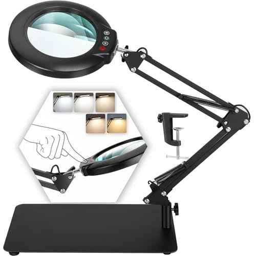 Drdefi 10X Magnifying Glass with Light and Stand, 2-in-1 Magnifying Desk Lamp Rectangular Base & Clamp, 5 Color Modes Stepless Dimmable, LED Lighted Magnifier Hands Free for Painting Sewing Craft