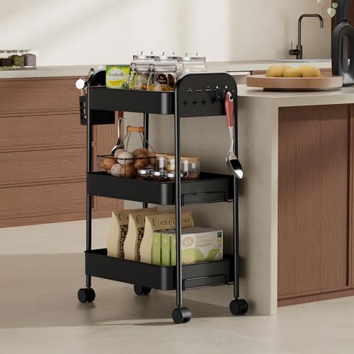 Heavy-Duty 3-Tier Metal Rolling Cart – ZXICEU Matte Black Utility Cart