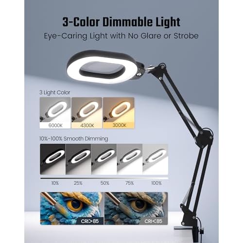 Magnifying Desk Lamp, 10X Square Magnifying Glass with Light and Stand, Dimmable LED Magnifier Lamp with Clamp and Base, Adjustable Swing Arm Light for Close Work, Reading, Crafting, Black