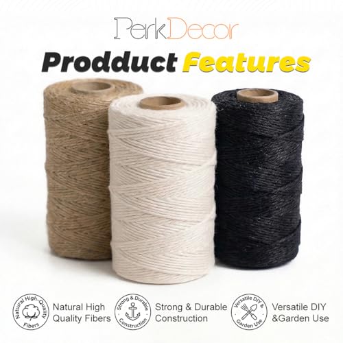 PerkDecor 3-Roll Twine & Rope Bundle – Natural Jute + White & Black Cotton 2mm (328ft x3) Crafting
