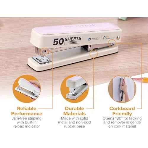 Bostitch Titan Heavy Duty Metal Stapler, 50 Sheet Capacity with 1250 Staples and Ergonomic Staple Remover, Jam Free Stapling, Full Strip Stapler for Desk, Office and Classroom, Pink & White
