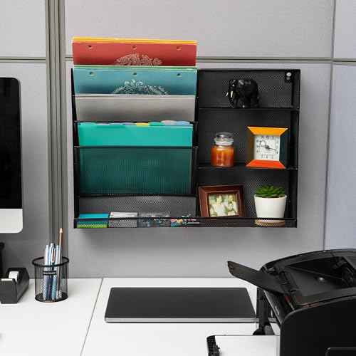 Mind Reader 4-Tier Vertical File Storage and Shelves, Desktop Organizer, Wall Mount, Office, Metal Mesh, 22.5" L x 4" W x 16" H, Black