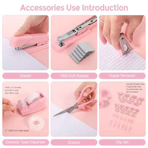 SKYDUE Pink Office Desk Accessories, Pink Office Supplies, Stapler, Tape Dispenser, Scissors, Clips and 1000pcs Staples,Office Supplies for Desk for Women
