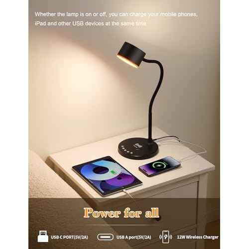 LED Desk Lamp with Wireless Charger, USB C + A Charging Ports, Eye-Caring Metal Bedside Lamp, 5 Colors Stepless Dimmable Reading Lamp, Touch Table Lamp Gooseneck Lamp for Home Office Dorm Black