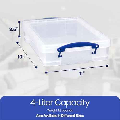 Really Useful Box 4 Liter Plastic Stackable Storage Container w/Snap Lid & Built-In Clip Lock Handles for Home & Office Organization, Clear (4 Pack)