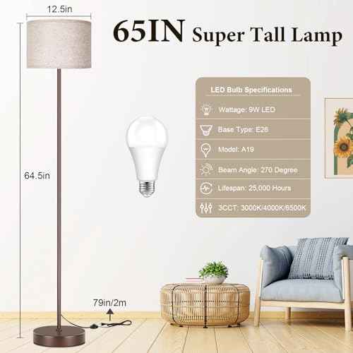 65¡®¡¯ Simple Design Floor Lamp with 3CCT 9W LED Bulb, Modern Industrial Standing Lamp for Living Room with Foot Switch, Tall Lamp with Drum Shade, Stand Up Floor Light for Study Bedroom Office, Brown