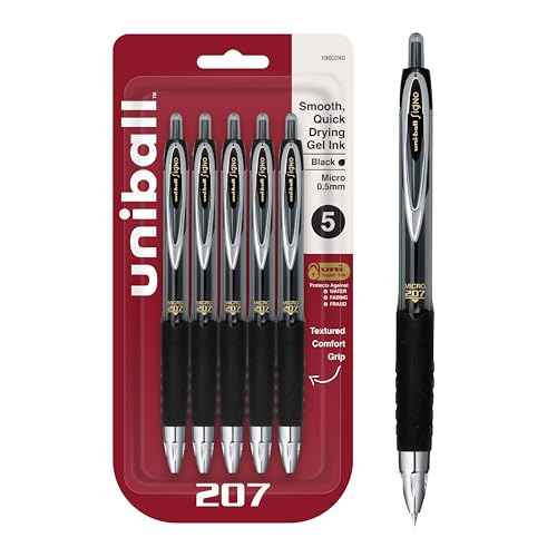 Uni-Ball Black Retractable Gel Pens 5 Pack, 207 Signo Click With Fine Points 0.5mm - Fraud Proof for Office, Nursing, Business, School, and Bible Use