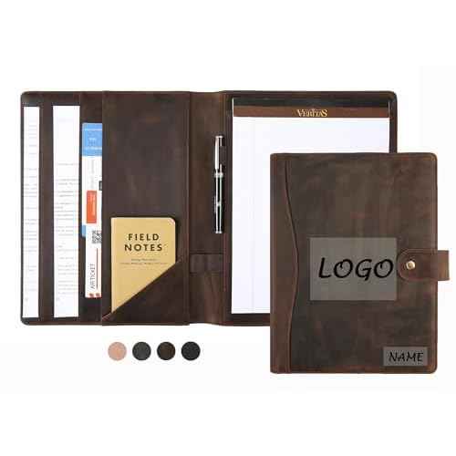 Personalized Leather Portfolio for Men, Leather Padfolio for Women, Business Resume Portfolio Folder, Leather Notepad Portfolio Organizer, A4 Leather Folio Legal Pad Holder (Dark Khaki, Non-Custom)