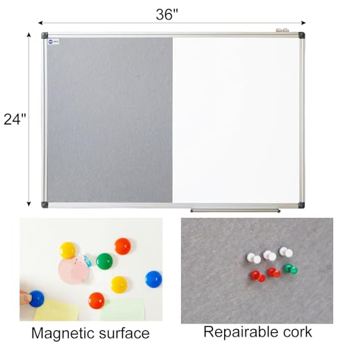NEWPUTE 36 x 24 Inch White & Cork Board Combo - Grey Dry Erase & Bulletin Display