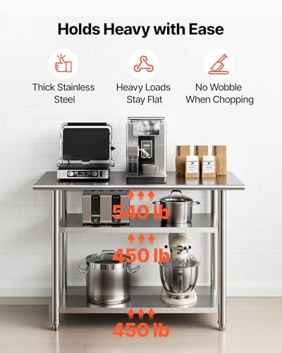 VEVOR 24x48 Stainless Steel Work Table – Heavy Duty Food Prep Table with 2 Shelves