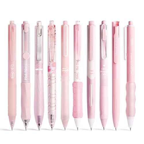 10 Count Pastel Gel Ink Pen Set,Cute Note Taking 0.5mm Fine Point Retractable 10 Count Black Ink Pens with for Writing, Journaling, School, Office (Pink)