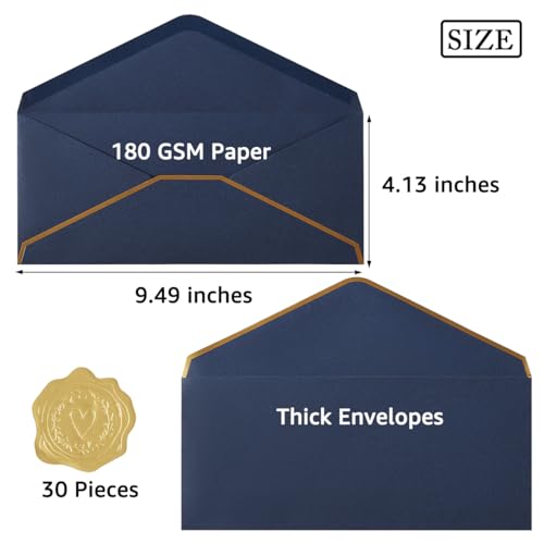 Topeen Navy Blue #10 Business Envelopes with Gold Stickers - Thick Paper Pack