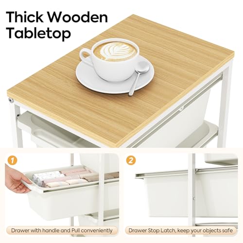 KINGBOARD White 3-Drawer Slim Rolling Cart with Wooden Top - 14.37 x 9.65 x 21.26 in