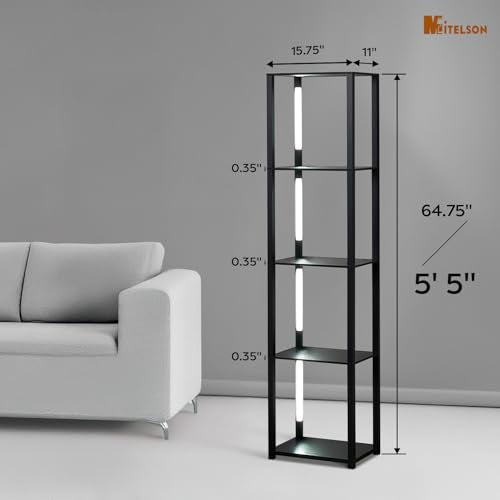 LED Floor Lamp with Shelves, Shelf Lamp with Remote for Bedroom and Living Room, Corner Display Floor Lamps with Storage, Modern Dimmable Floor Lamp with 5-Tier Open Shelve (Black)