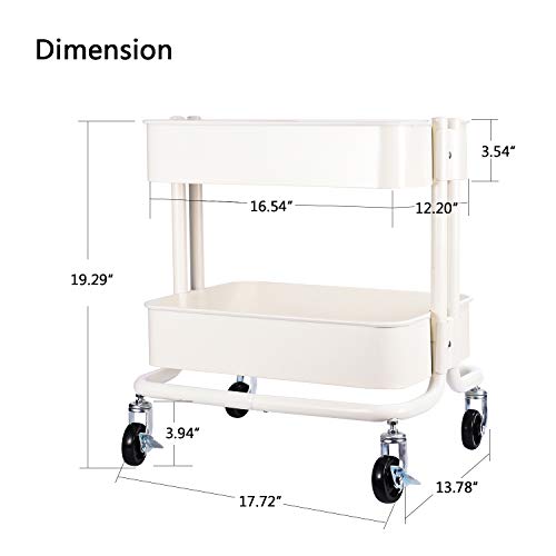 Melody House 2-Tier Metal Utility Rolling Cart Storage Side End Table with Cover Board for Office Home Kitchen Organization, Cream White