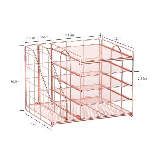 Marbrasse Desk Organizer with File Holder, 5-Tier Paper Letter Tray, Mesh Desk Accessories, Magazine Holder, Desktop Organizer and Storage for Office Supplies, Rose Gold
