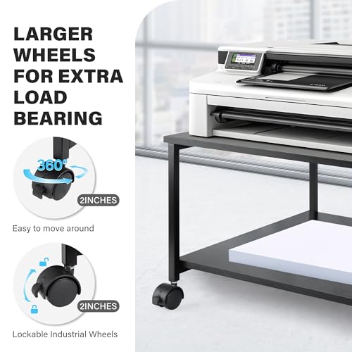 EMERIT 2-Tier Under Desk Printer Stand w/Storage - 19.5x19.5x12.8''Heavy Duty Rolling Cart, Mobile Printer Table with Lockable Wheels for Home Office Organization - Industrial Style