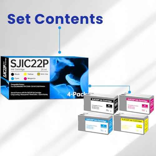 SJIC22P Ink Cartridge (with New Chip) Replacement for SJIC22P C33S020577 C33S020581 C33S020582 C33S020583 Ink for ColorWorks TM-C3500 TM-C3510 TM-C3520 Printer Ink, 4-Pack TM-C3500 Ink Refill