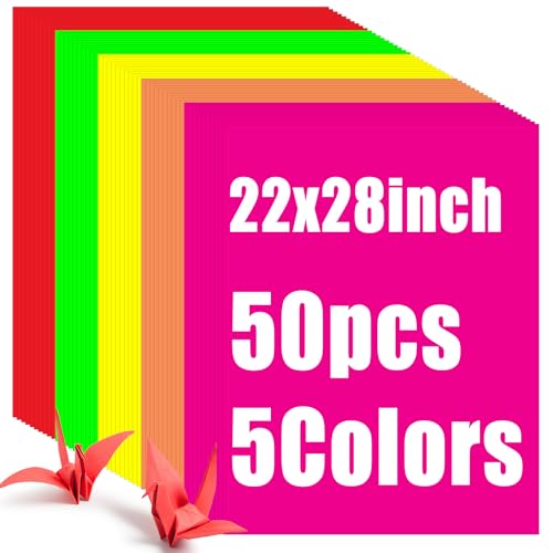 Tenceur 50 Pieces Neon Poster Board 22" x 28" Neon Construction Paper 250 Gsm/90 lb Cardstock Large Bright Fluorescent Poster Board for School Craft Project Presentation Drawing Graphic Display