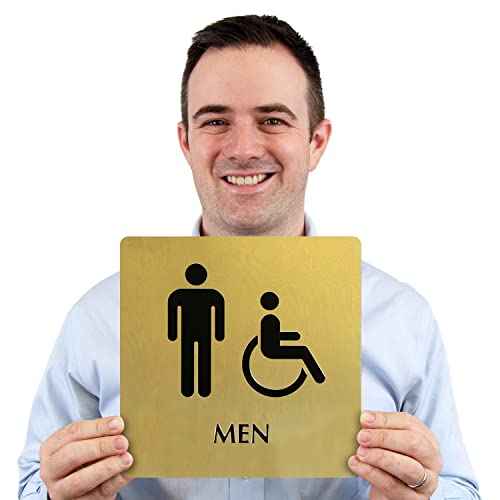 SmartSign 9 x 9 inch Mens Restroom Sign with Men/Handicap Accessible Wheelchair Pictograms, 40 mil Brass Metal, Engraved, Door/Wall Mount Bathroom Sign, Gold and Black