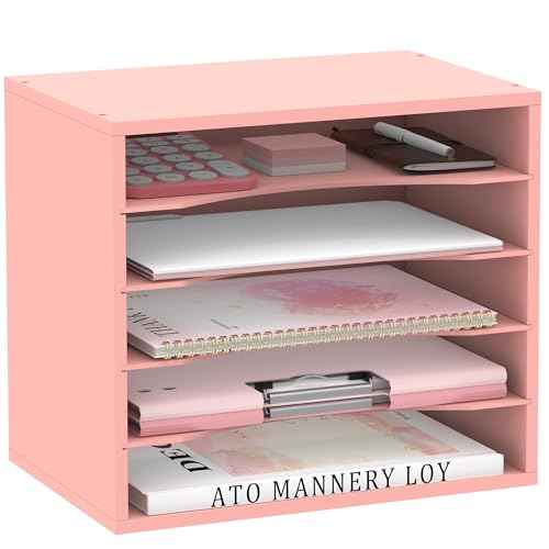 SUPEASY Wood Desk Organizer, 5 Tier Paper File Organizer for Desk, Wooden Desktop Organizer, Paper Letter Literature Mail Sorter, for Office School & Home Organization, Pink