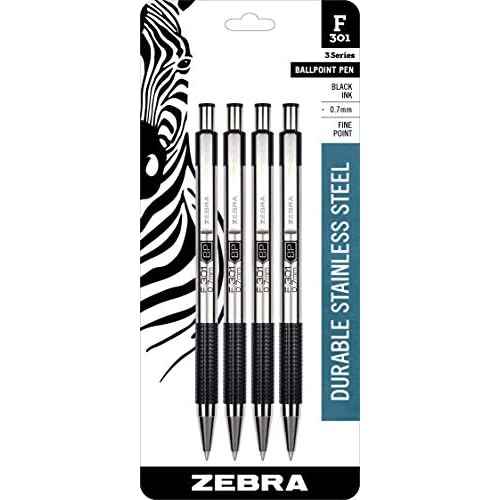 Zebra Pen F-301 Ballpoint Fine Point 0.7mm Black Ink Stainless Steel Retractable Ballpoint 4-Pack ? Easy-Glide Ink, Non-Slip Grip, Metal Clip, Refillable with F-Refill, Professional Design (27114)